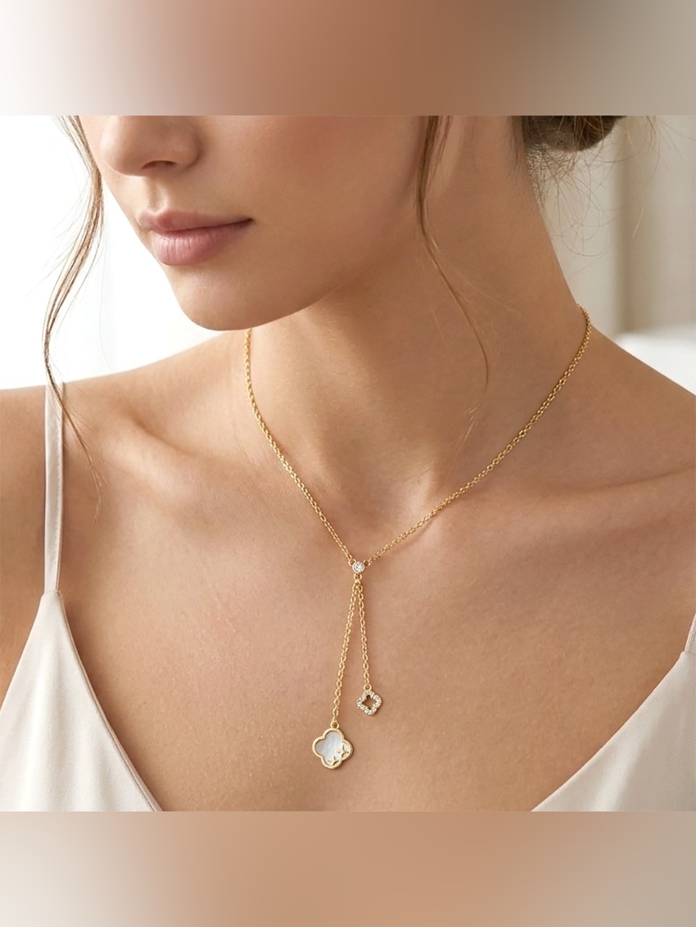 Gold Dipped CZ Bezel Accent Double Quatrefoil Charm Drop Necklace